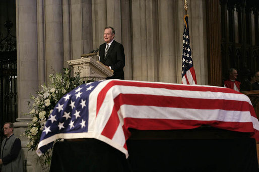 Former President George H.W. Bush eulogizes former President Gerald R. Ford during his State Funeral at the National Cathedral in Washington, D.C., January 2, 2007. White House photo by Eric Draper