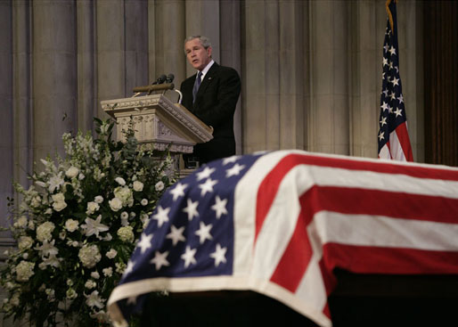President George W. Bush delivers the eulogy for former President Gerald R. Ford during the State Funeral service at the National Cathedral in Washington, D.C., Tuesday, Jan. 2, 2007. White House photo by Eric Draper