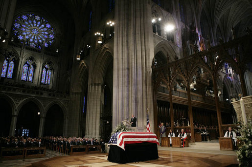 President George W. Bush delivers the eulogy for former President Gerald R. Ford during the State Funeral service at the National Cathedral in Washington, D.C., Tuesday, Jan. 2, 2007. White House photo by Eric Draper