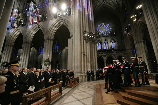 The casket of former President Gerald R. Ford is carried from the National Cathedral at the conclusion of his State Funeral service in Washington, D.C., January 2, 2007. Former President Ford will be buried in Grand Rapids, Mich. White House photo by Eric Draper