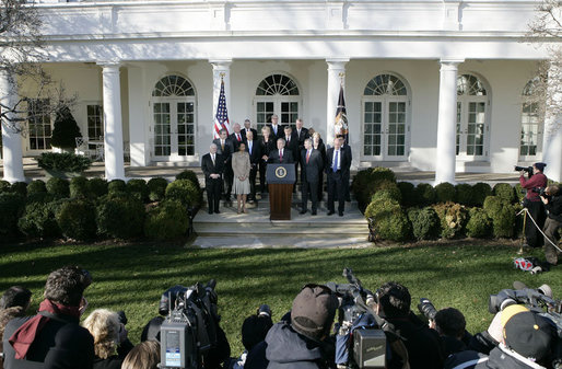 President George W. Bush stands with members of his Cabinet in the Rose Garden at the White House, Wednesday, Jan. 3, 2007, as he addresses members of media following the first Cabinet meeting of 2007. White House photo by Eric Draper