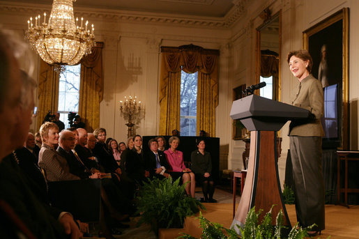 Mrs. Laura Bush addresses her remarks at the 2006 National Awards for Museum and Library Service ceremony Monday, January 8, 2006, in the East Room of the White House, honoring three libraries and three museums from around the nation for their outstanding contributions to public service. White House photo by Shealah Craighead