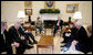 President George W. Bush and Mrs. Laura Bush meet with bicameral and bipartisan members of Congress, Senator Edward M. Kennedy of Massachusetts, left; Senator Mike Enzi of Wyoming, left-center; Congressman Buck McKeon of California, right-front; Congressman George Miller of California, right-center, and U.S. Secretary of Education Margaret Spellings, right, in the Oval Office, Monday, Jan. 8, 2007, marking the fifth anniversary of No Child Left Behind. White House photo by Paul Morse