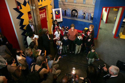 Mrs. Laura Bush is joined by children and staff members as she speaks to members of the media during her visit to the Louisiana Children’s Museum in New Orleans, Tuesday, Jan. 9, 2007. The museum, which closed for nearly a year following the 2005 hurricanes, is working to address the needs of young children and families seeking a safe and nurturing environment. White House photo by Shealah Craighead