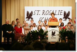 Mrs. Laura Bush addresses the students, faculty and invited guests during her visit to the St. Rosalie School, Tuesday, Jan. 9, 2007, in Harvey, Louisiana, where Mrs. Bush toured the school’s rebuilding progress following Hurricane Katrina, including the school’s newly re-opened and renovated library.  White House photo by Shealah Craighead