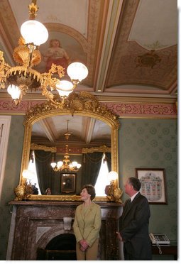 Mrs. Laura Bush is joined by Richard C. Cote, curator, U.S. Department of the Treasury, as she views the completed restoration of the Salmon P. Chase suite in the U.S. Treasury Building, Thursday, Jan. 11, 2007, in Washington, D.C., part of a tour showing the first major restoration at the U.S. Treasury Building, a National Historic Landmark.  White House photo by Shealah Craighead