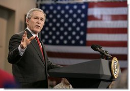 President George W. Bush gestures as he addresses the troops and their families at Fort Benning, Ga., Thursday, Jan. 11, 2007, talking about the new strategy for Iraq. White House photo by Eric Draper