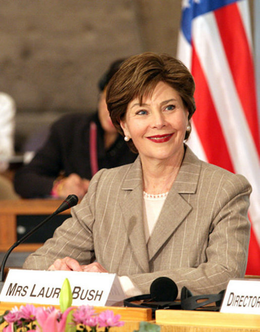 Mrs. Laura Bush, who serves as an Honorary Ambassador to the United Nations Decade of Literacy, participates in an UNESCO roundtable discussion in Paris Monday, Jan. 15, 2007. Following the White House Conference on Global Literacy held in September 2006, UNESCO is hosting upcoming regional literacy conferences in Qatar, Costa Rica, Azerbaijan and Asia. White House photo by Shealah Craighead