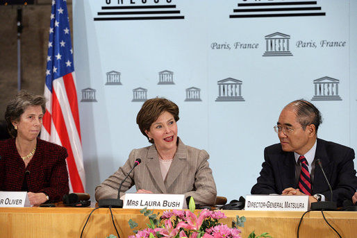 Mrs. Laura Bush, who serves as an Honorary Ambassador to the United Nations Decade of Literacy, addresses UNESCO participants during a roundtable discussion while visiting Paris Monday, Jan. 15, 2007. Following the White House Conference on Global Literacy held in September 2006, UNESCO is hosting upcoming regional literacy conferences in Qatar, Costa Rica, Azerbaijan and Asia. White House photo by Shealah Craighead