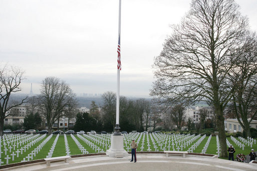 Within site of the Eiffel Tower, an American Flag hangs at half-staff during the official period of mourning for President Gerald R. Ford at the Suresnes American Cemetery near Paris Tuesday, Jan. 16, 2007. Dedicated in 1919 by President Woodrow Wilson, the cemetery was established for American troops who died in World War I. In 1952, a World War II section was added for the remains of 24 unknown soldiers. White House photo by Shealah Craighead