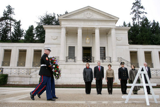 Mrs. Laura Bush participates in a wreath-laying ceremony at the Suresnes American Cemetery, an American cemetery for troops who gave their lives in World War I and World War II, near Paris Tuesday, Jan. 16, 2007. White House photo by Shealah Craighead
