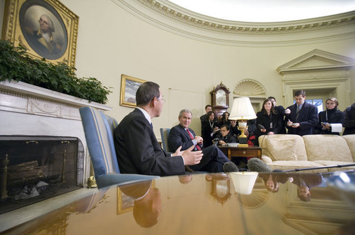 President George W. Bush and U.N. Secretary-General Ban Ki-Moon meet with the press in the Oval Office Tuesday, Jan. 16, 2007. White House photo by Eric Draper
