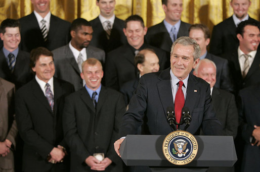 President George W. Bush talks about the 2006 World Series Champions, The St. Louis Cardinals, in the East Room Tuesday, Jan. 16, 2007. “They say in baseball in order to become the World Series champ, you can't have losing streaks of over two or three games.,” said the President. “This club had losing streaks of -- one eight-game losing streak; another eight-game losing streak; and a seven-game losing streak -- which really speaks to the character of the baseball team, doesn't it?” White House photo by Paul Morse