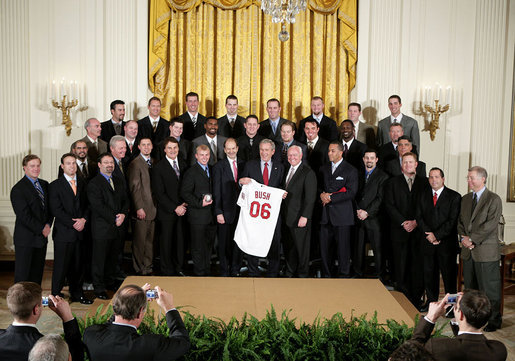 President George W. Bush stands with the 2006 World Series Champions, The St. Louis Cardinals, in the East Room Tuesday, Jan. 16, 2007. White House photo by Paul Morse