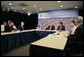 President George W. Bush speaks during a roundtable on cancer prevention at the National Institutes of Health in Bethesda, Md., Wednesday, Jan. 17, 2007. Participants include, from left: Secretary of Health and Human Services Mike Leavitt, NIH Director Dr. John Niederhuber, M.D., cancer survivor Dr. Grace Butler, PhD., NIH Director Dr. Elias Zerhouni, Becky Fisher, and Dr. Francis Collins, M.D., Ph.D. White House photo by Eric Draper