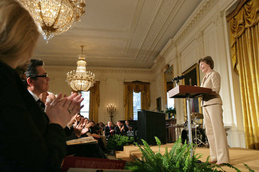 Mrs. Laura Bush speaks during the Coming Up Taller Award Ceremony in the East Room Monday, Jan. 22, 2007. Each year, the Coming Up Taller Awards recognize and reward excellence in community arts and humanities programs for underserved children and youth. “Helping young people build the knowledge and the self-confidence they need to lead successful lives is at the heart of President Bush’s Helping America’s Youth Initiative,” said Mrs. Bush. White House photo by Shealah Craighead