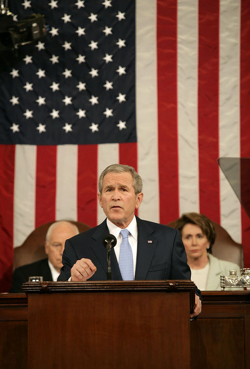 President George W. Bush delivers his State of the Union Address Tuesday, Jan. 23, 2007, at the U.S. Capitol. "For all of us in this room, there is no higher responsibility than to protect the people of this country from danger," said President George W. Bush. "Five years have come and gone since we saw the scenes and felt the sorrow that the terrorists can cause. We've had time to take stock of our situation. We've added many critical protections to guard the homeland. We know with certainty that the horrors of that September morning were just a glimpse of what the terrorists intend for us -- unless we stop them." White House photo by Eric Draper