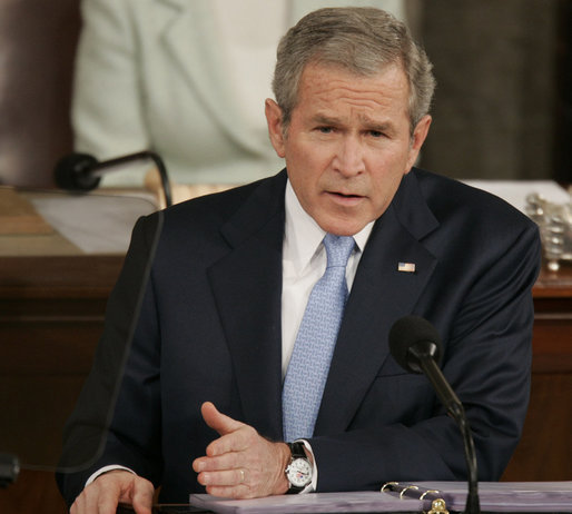 President George W. Bush emphasizes a point during the State of the Union address Tuesday, January 23, 2007. The President told the nation, "We're not the first to come here with a government divided and uncertainty in the air. Like many before us, we can work through our differences and achieve big things for the American people." White House photo by Paul Morse