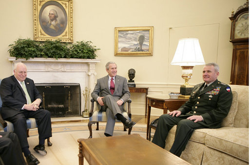 President George W. Bush and Vice President Dick Cheney meet with General Dan McNeil, incoming commander for NATO’s International Security Assistance Force in Afghanistan, Wednesday, Jan. 24, 2007, in the Oval Office. White House photo by Eric Draper