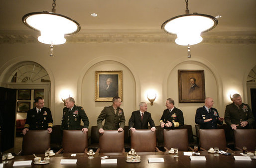 Members of the Joint Chiefs of Staff and Secretary of Defense Robert Gates, center, gather for a meeting with the President George W. Bush in the Cabinet Room at the White House, Wednesday, Jan. 24, 2007, with Joint Chiefs and the Combatant Commanders. From left are, Admiral Michael G. Mullen, Chief of Naval Operations; General Peter J. Schoomaker, Chief of Staff, U.S. Army; General Peter Pace, Chairman, Joint Chiefs of Staff; Admiral Edmund P. Giambastiani, Jr., Vice Chairman, Joint Chiefs of Staff; General Michael T. Mosley, Chief of Staff, U.S. Air Force; and U.S. Marine General James T. Conway, Commandant of the U.S. Marine Corps. White House photo by Eric Draper