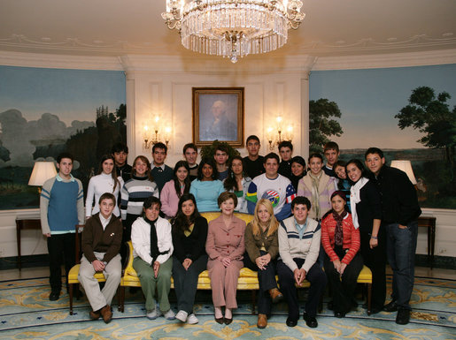 Mrs. Laura Bush poses for a photo with Youth Ambassadors representing Brazil, Chile, Argentina, Uruguay and Paraguay, Friday, Jan. 26, 2007, during their visit to the White House. The Youth Ambassadors program was initiated by the U.S. Embassy in Brazil, as part of a cultural and educational exchange for students with academic excellence and leadership abilities from Latin America to visit the United States. White House photo by Shealah Craighead