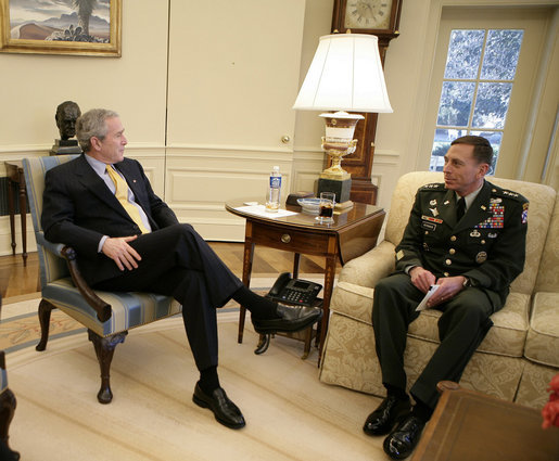 President George W. Bush meets with Army General David Petraeus, incoming Commander of the Multi-National Force-Iraq, Friday, Jan. 26, 2007, in the Oval Office. White House photo by Eric Draper