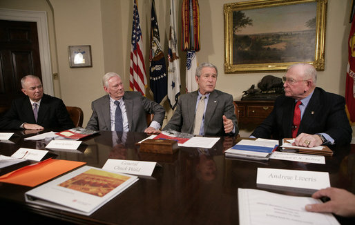 President George W. Bush addresses members of the Securing America's Future Energy organization Monday, Jan. 29, 2007, in the Roosevelt Room at the White House, discussing the efforts to reduce America's dependence on oil. From left to right are Mike Jackson, chairman and CEO of Auto Nation; Herb Kelleher, executive chairman of Southwest Airlines Company and General P.X. Kelley, USMC (Ret). White House photo by Eric Draper