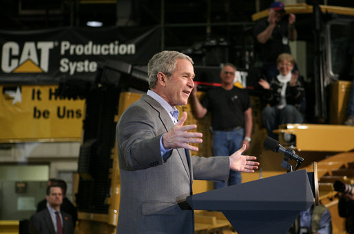 President George W. Bush gestures as he speaks to workers at Caterpillar Inc. in East Peoria, Ill., Tuesday, Jan. 30, 2007, on the strength of the U.S. economy. White House photo by Paul Morse