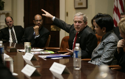 President George W. Bush stresses a point as he meets Tuesday, Feb. 1, 2007, with executives from the food, beverage and entertainment industries to discuss child fitness. Said the President, "Childhood obesity is a costly problem. And we believe it is necessary to come up with a coherent strategy to help folks all throughout our society cope with the issue." White House photo by Eric Draper