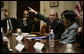 President George W. Bush stresses a point as he meets Tuesday, Feb. 1, 2007, with executives from the food, beverage and entertainment industries to discuss child fitness. Said the President, "Childhood obesity is a costly problem. And we believe it is necessary to come up with a coherent strategy to help folks all throughout our society cope with the issue." White House photo by Eric Draper