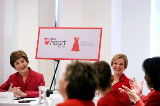 Mrs. Laura Bush and Dr. Elizabeth Nabel, Director of the National Heart, Lung and Blood Institute, participate in a women’s heart health roundtable in New York Friday, Feb. 2, 2007, to highlight the Heart Truth campaign during American Heart Month. This year marks the fifth anniversary of the Heart Truth and new data shows more women are aware that heart disease is the number one killer of women, and that fewer women are dying of heart disease. White House photo by Shealah Craighead