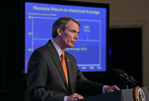 Director Rob Portman of the Office of Management and Budget presents the budget of the U.S. government for the 2008 fiscal year to the press in the Dwight D. Eisenhower Executive Office Building Monday, Feb. 5, 2007. White House photo by Paul Morse