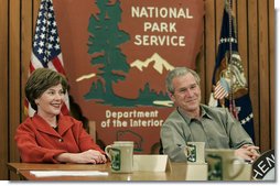 President George W. Bush and Mrs. Laura Bush participate in a roundtable discussion about his National Parks Centennial Initiative during a visit to Shenandoah National Park in Luray, Va., with Mrs. Laura Bush and Interior Secretary Dirk Kempthorne Wednesday, Feb. 7, 2007.  White House photo by Paul Morse
