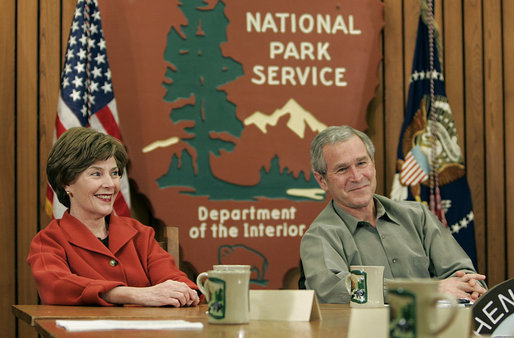 President George W. Bush and Mrs. Laura Bush participate in a roundtable discussion about his National Parks Centennial Initiative during a visit to Shenandoah National Park in Luray, Va., with Mrs. Laura Bush and Interior Secretary Dirk Kempthorne Wednesday, Feb. 7, 2007. White House photo by Paul Morse