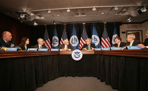 President George W. Bush joins Homeland Security Secretary Michael Chertoff, left, during a briefing Thursday, Feb. 8, 2007 at the Department of Homeland Security in Washington, D.C., on the status of DHS's priorities, especially those relating to the War on Terror. White House photo by Paul Morse