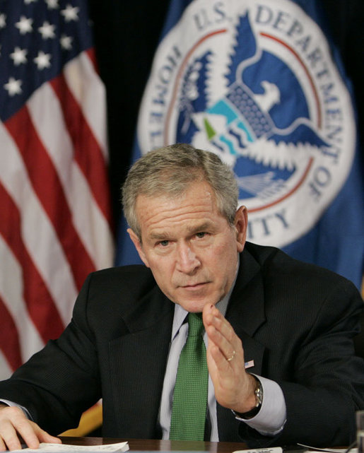 President George W. Bush gestures during a briefing Thursday, Feb. 8, 2007 at the Department of Homeland Security in Washington, D.C., on the status of DHS's priorities, especially those relating to the War on Terror. White House photo by Paul Morse