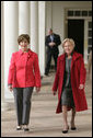 Mrs. Laura Bush walks with Alma Adamkus, the First Lady of Lithuania, along the colonnade in the Rose Garden during a visit to the White House Monday, Feb. 12, 2007. White House photo by Shealah Craighead