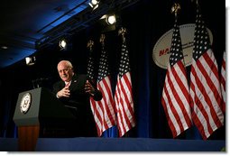Vice President Dick Cheney answers a question from the audience after delivering remarks on trade and the economy to the National Association of Manufacturers in Washington, D.C., Wednesday, February 14, 2007.  