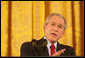 President George W. Bush emphasizes a point as he speaks to reporters Wednesday, Feb. 14, 2007, during a press conference in the East Room of the White House. The President spoke on Iraq, Iran and North Korea, as well as bipartisan opportunities, including education, energy, health care and a balanced budget. White House photo by Shealah Craighead