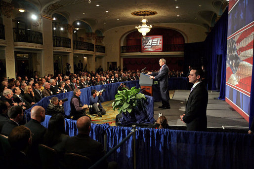 President George W. Bush talks about the current situation in Afghanistan during an address to the American Enterprise Institute in Washington, D.C., Thursday, Feb. 15, 2007. "Under the Taliban, there were about 900,000 children in school," said the President as he listed several improvements made on the past five years. "Today, more than five million children are in school -- about 1.8 million of them are girls." White House photo by David Bohrer