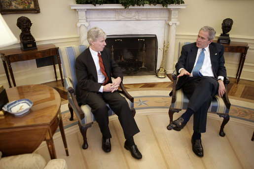 President George W. Bush meets with Ambassador Ryan Crocker, Ambassador-Designee to Iraq, in the Oval Office Friday, Feb. 16, 2007. White House photo by Eric Draper