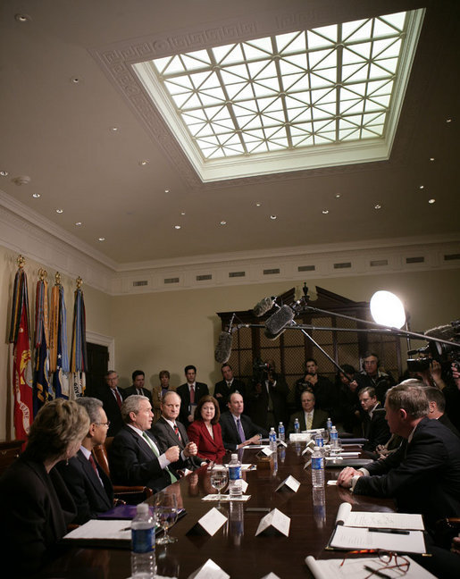 President George W. Bush talks to reporters during a meeting on health care initiatives in the Roosevelt Room at the White House, Tuesday, Feb. 20, 2007. White House photo by Eric Draper