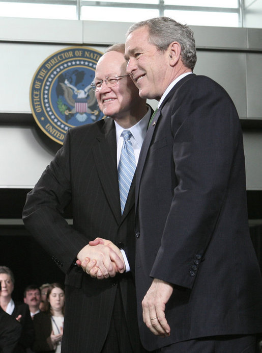 President George W. Bush shakes hands with Director of National Intelligence J. Michael “Mike” McConnell following McConnell’s ceremonial swearing-in Tuesday, Feb. 20, 2007 at Bolling Air Force Base in Washington, D.C. 