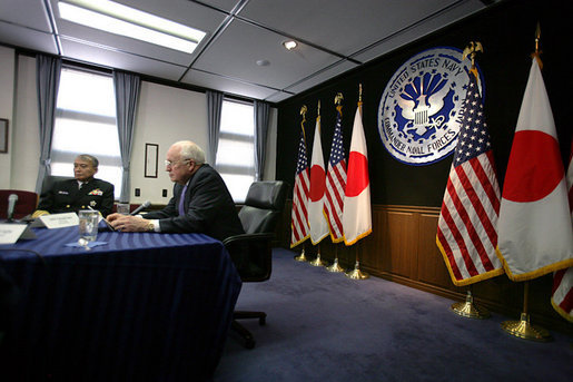 Vice President Dick Cheney meets with senior U.S. and Japanese military leaders Wednesday, Feb. 21, 2007, at Yokosuka Naval Base in Japan. White House photo by David Bohrer