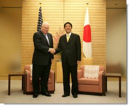 Vice President Dick Cheney stands with Prime Minister of Japan Shinzo Abe before a meeting Wednesday, Feb. 21, 2007, at the Kantei, the official residence of the Prime Minister, in Tokyo. White House photo by David Bohrer