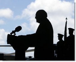 Vice President Dick Cheney delivers remarks during a rally for the troops, Thursday, Feb. 22, 2007, at Andersen Air Force Base, Guam. While en route from Tokyo to Sydney, Australia, the Vice President made the stop in Guam to thank the troops for their service and efforts in the global war on terror.  White House photo by David Bohrer