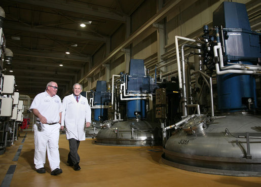 President George W. Bush is escorted on a tour of the fermentation room by David Pace at Novozymes North America, Inc., Thursday, Feb. 22, 2007 in Franklinton, N.C., where cellulosic ethanol is being produced from bio mass materials. White House photo by Paul Morse