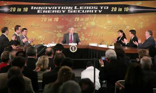 President George W. Bush is applauded during his participation at an energy forum discussion at Novozymes North America, Inc., Thursday, Feb. 22, 2007 in Franklinton, N.C., where President Bush praised the work and study being done to create alternative fuel sources. White House photo by Paul Morse