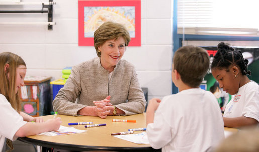 Mrs. Laura Bush participates in a discussion with children in a Boys & Girls Club program Thursday, Feb. 22, 2007 at the D’Iberville Elementary School in D’Iberville, Miss. White House photo by Shealah Craighead