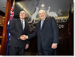 Vice President Dick Cheney and Prime Minister John Howard of Australia stand in the Prime Minister's Sydney office, Saturday, Feb. 24, 2007, before their joint press availability. White House photo by David Bohrer